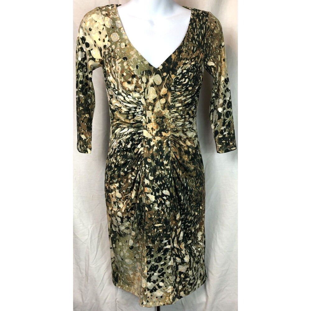 Boston Proper Sheath Dress Green Geo Ombre Ruched Body Con V-neck Knee Length